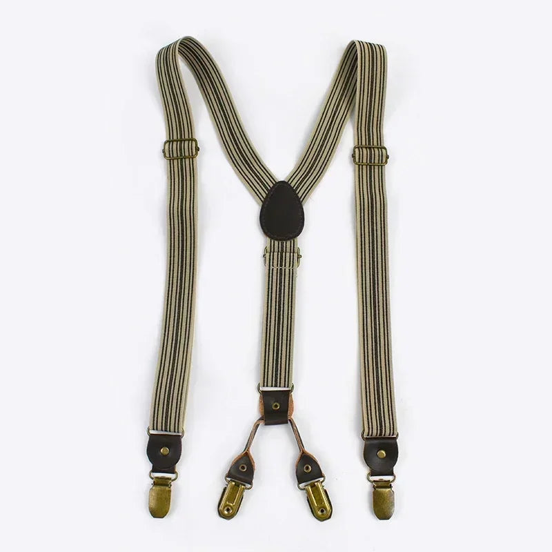 2.5cm Retro Elastic Mens Suspenders Unisex 4 Clips Y-Type Stripe Strong Strap Wide Braces Male Jockstrap Casual Men's Suspender