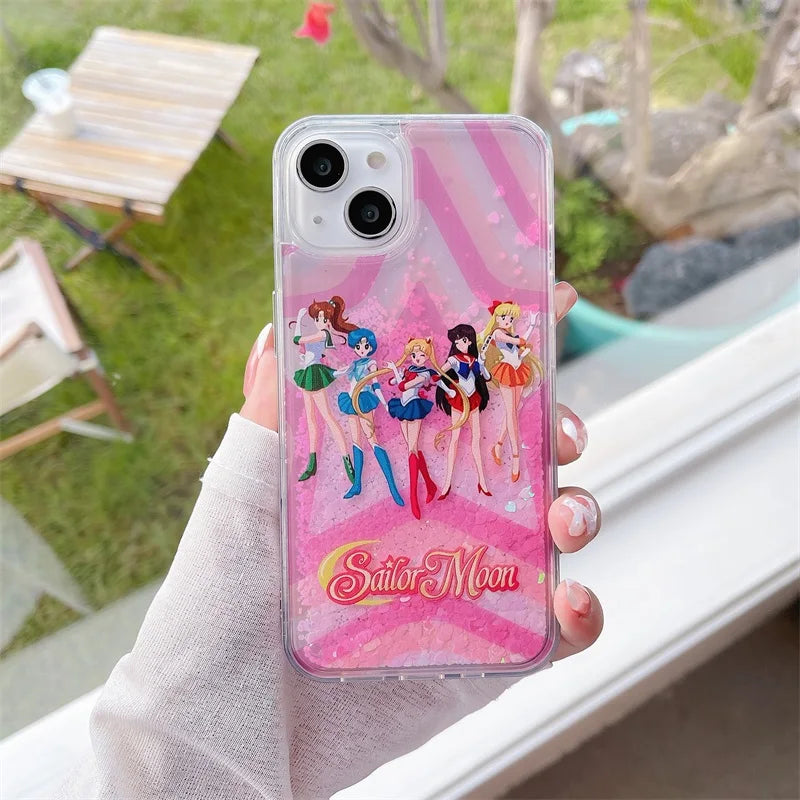 Cute Sailor Moon Anime Liquid Quicksand Glitter Luminous Case for IPhone 11 12 13 14 15 Pro Max Cartoon Silicone Cover Funda