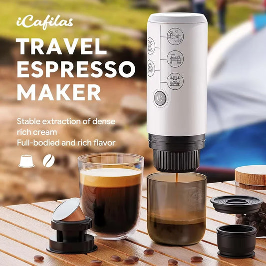 Coffee Machine Travel Portable Espresso for Car & Home Camping Coffee Maker 2-in-1 Capsule Powder Nespresso or Dolce Gusto