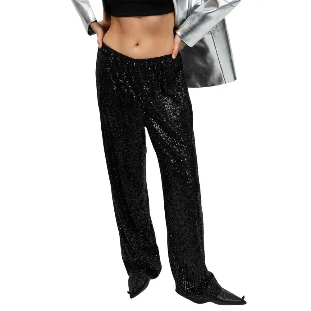 High-waisted Sequin Pants Sequin Embellished Wide Leg Pants for Women Mid-rise Elastic Waist Trousers with Shiny for Women