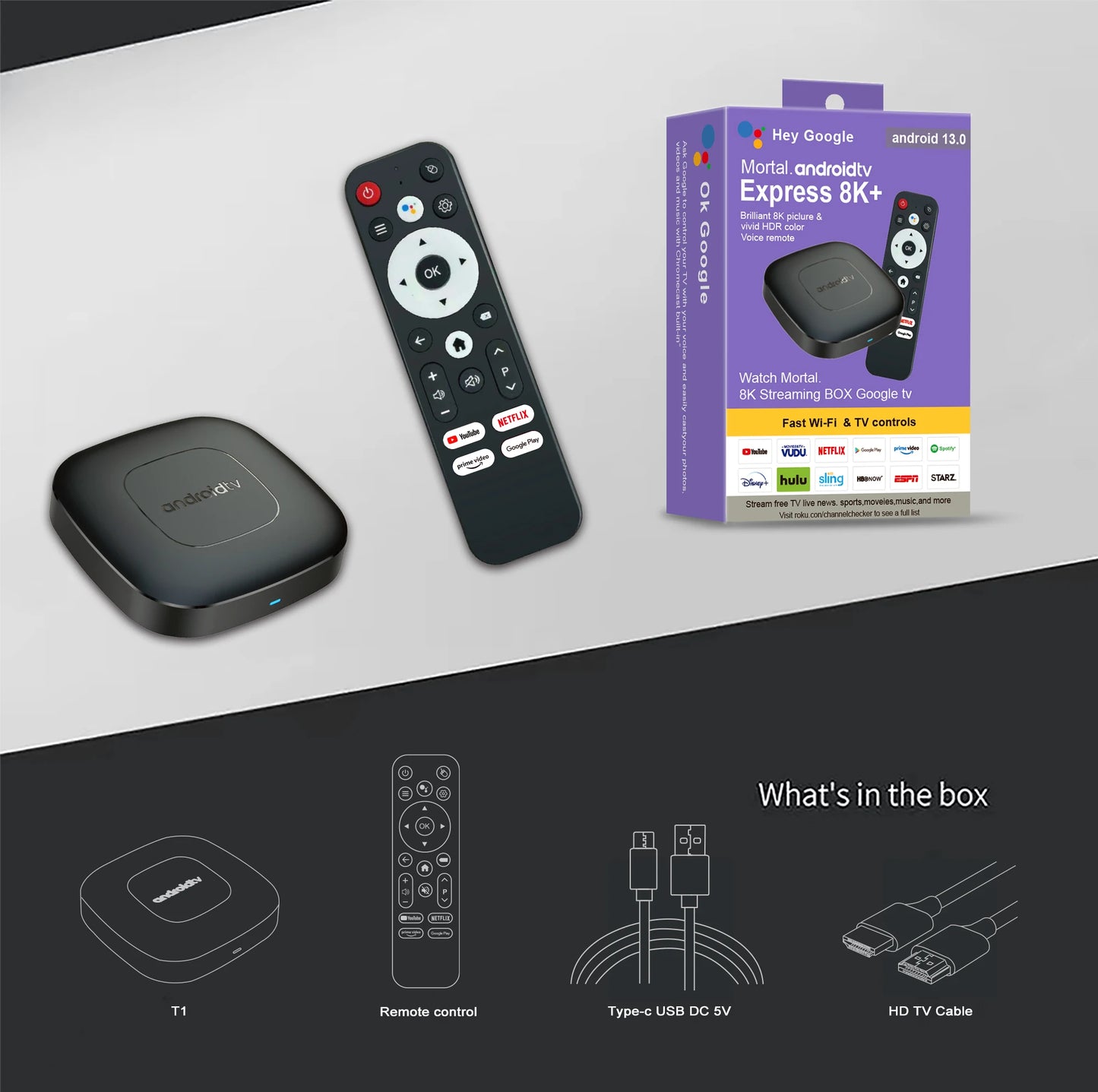 Global Version Smart Streaming Media Player TV Box AllwinnerH313 Android13 2.4G&5G Wifi 4K Mortal T1 Bluetooth Google Assistant