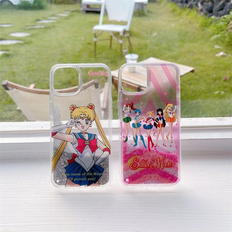 Cute Sailor Moon Anime Liquid Quicksand Glitter Luminous Case for IPhone 11 12 13 14 15 Pro Max Cartoon Silicone Cover Funda