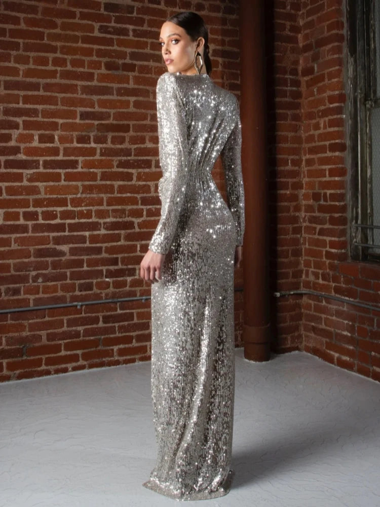 Sexy Deep V Neck Long Sleeve Shiny Sequins Folds Long Dress Women Sliver Gray Draped Split Slim Dresses Eveing Party Club Gowns