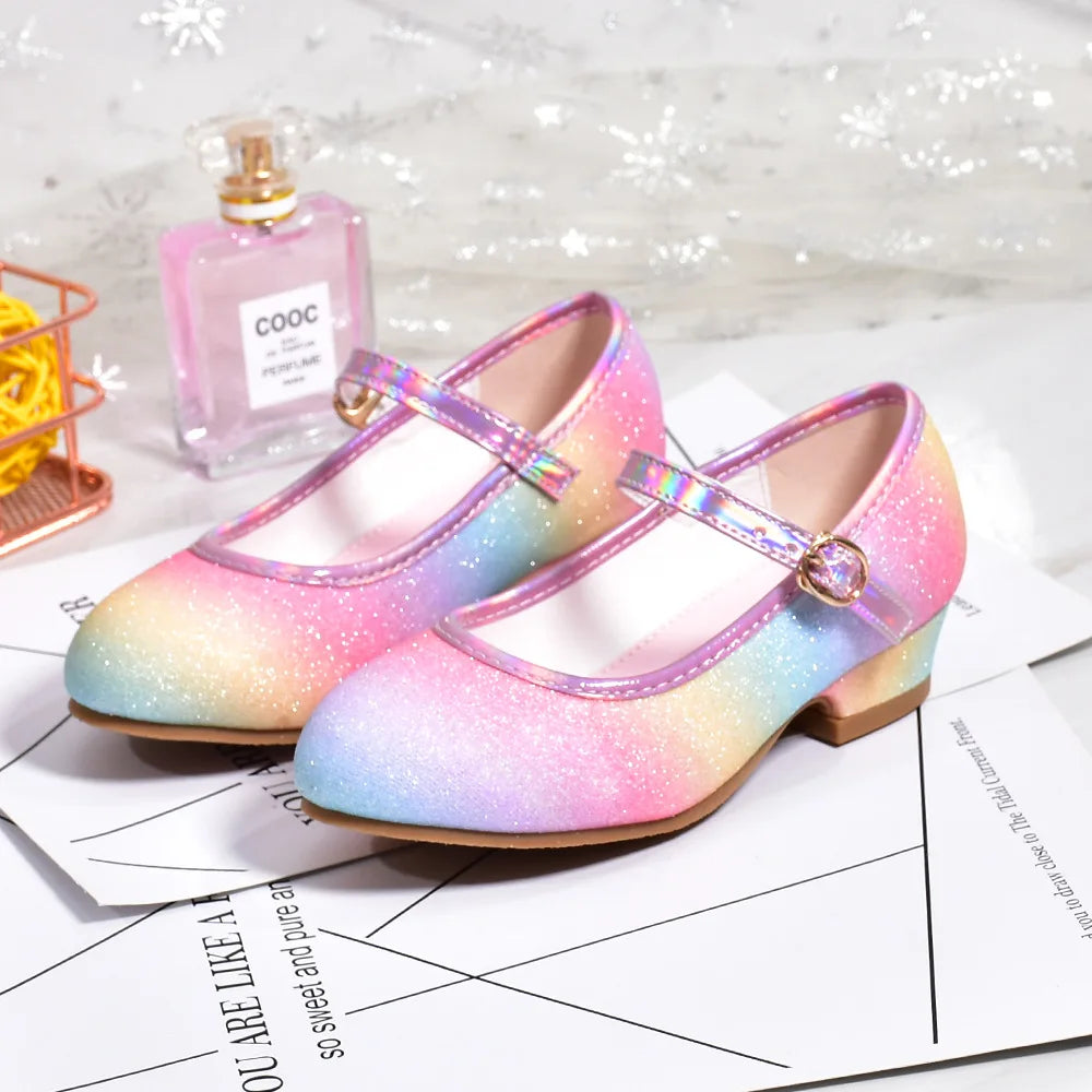 Girls' Leather Princess Shoes 2023 Children's Shoes Round-Toe Soft-Sole Girls High Heel Princess Crystal Party Dance Shoes