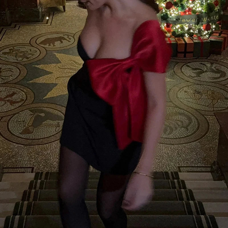 Elegant One Shoulder Strapless A-Line Dress Women Fashion Red Bow Patchwork Evening Dress Sexy Sleeveless Waist Slim Mini Dress