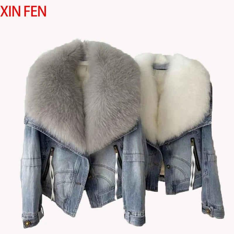 Womens Coats Winter 2024New Natural Real Fox Fur Collar removable Luxury Goose Down Puffer Jackets Clothing Short Denim Jacket