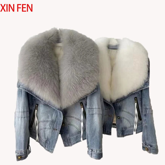 Womens Coats Winter 2024New Natural Real Fox Fur Collar removable Luxury Goose Down Puffer Jackets Clothing Short Denim Jacket