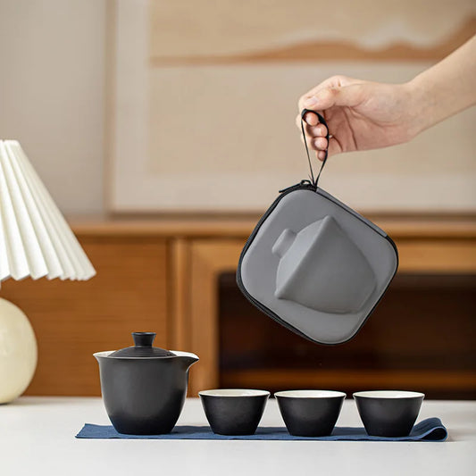 1 Set Portable Teacup Set Travel Kit Ceramic Kung Fu Teaware Ceramic Outdoor Camping Adults Chinese One Tea Pot Three Cups Gift