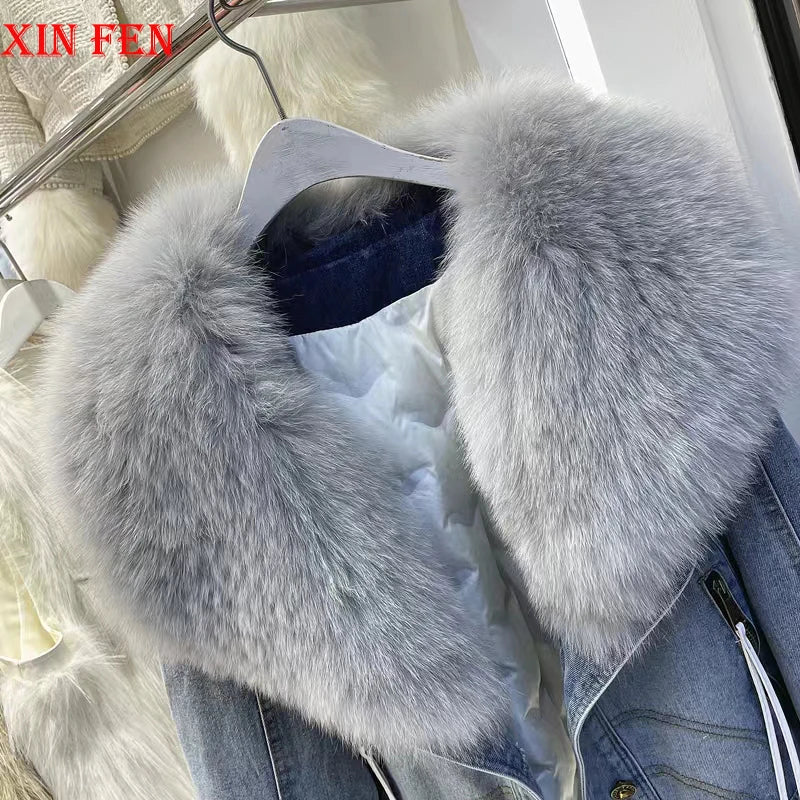 Womens Coats Winter 2024New Natural Real Fox Fur Collar removable Luxury Goose Down Puffer Jackets Clothing Short Denim Jacket