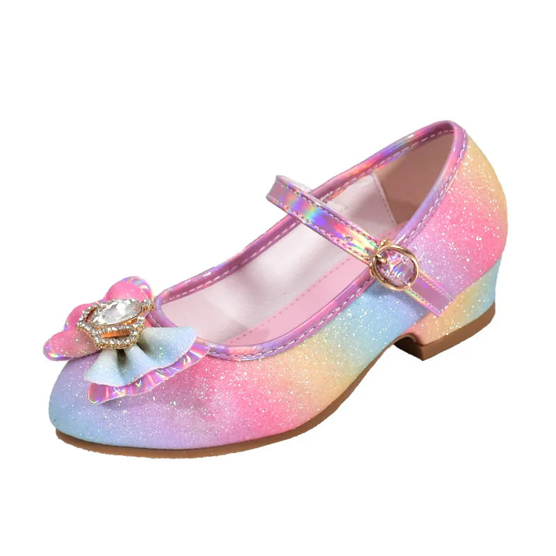 Girls' Leather Princess Shoes 2023 Children's Shoes Round-Toe Soft-Sole Girls High Heel Princess Crystal Party Dance Shoes