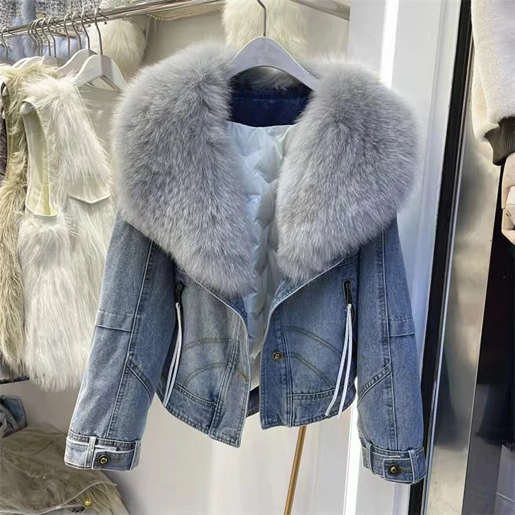 Womens Coats Winter 2024New Natural Real Fox Fur Collar removable Luxury Goose Down Puffer Jackets Clothing Short Denim Jacket