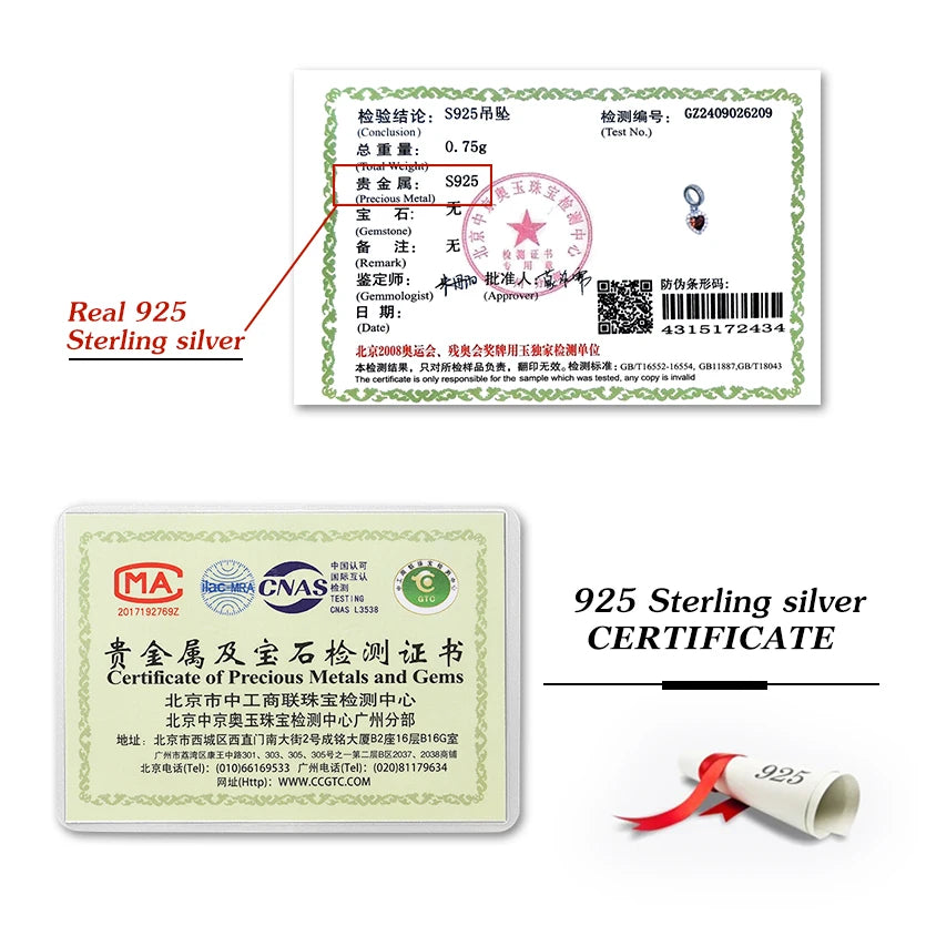 925 Sterling Silver Pendants Zircon Red Love Heart Charms Beads Fit Original Pandora Bracelet Bangles DIY Jewelry For Women