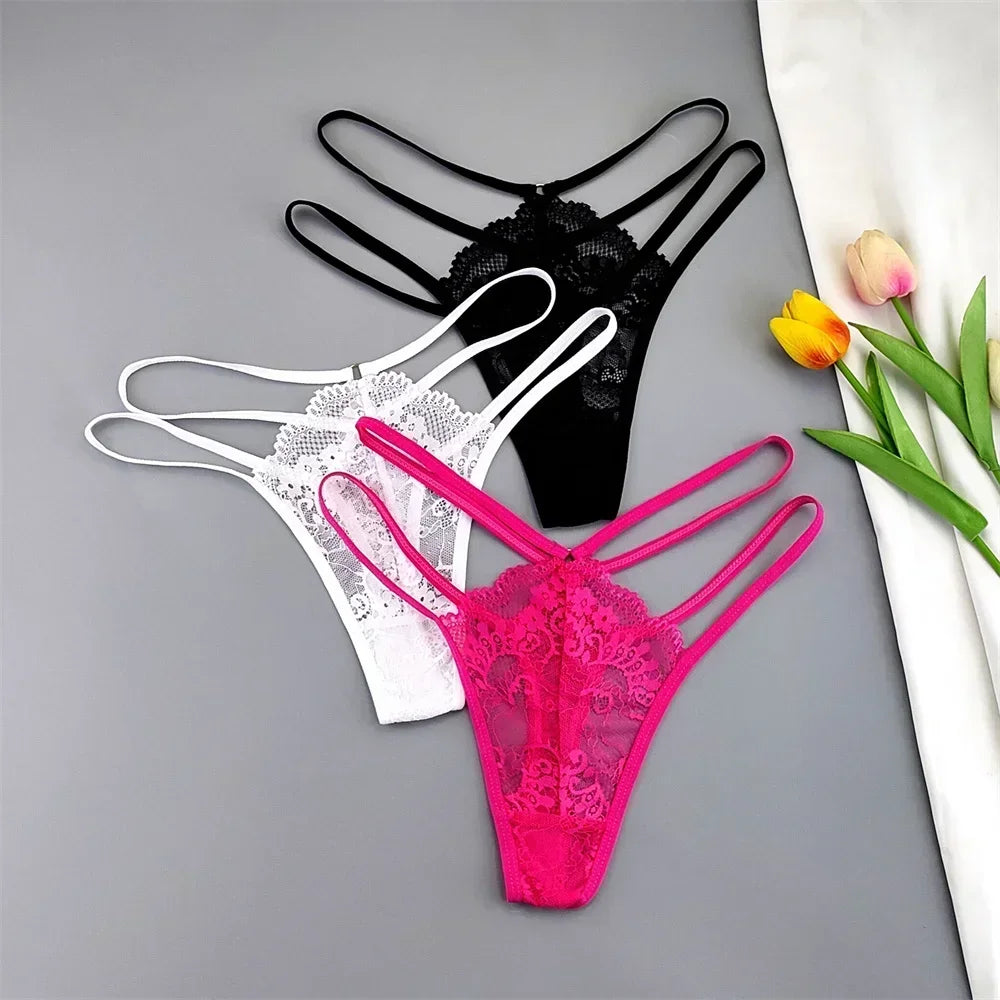 3 Pcs Lace Thin Strap Thong Women Low Waist Sexy Perspective Underwear Ladies Transparent G-string Panty Plus Size T-back