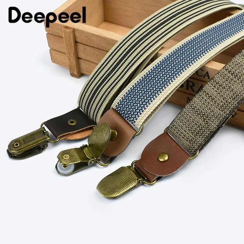 2.5cm Retro Elastic Mens Suspenders Unisex 4 Clips Y-Type Stripe Strong Strap Wide Braces Male Jockstrap Casual Men's Suspender