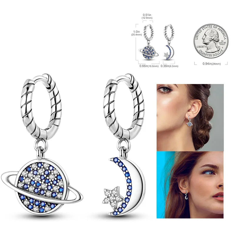 925 Silver Hoop Earrings  For Woman Pendientes Zircon Heart Shape Star Eardrop Original Earring Fashion Jewelry