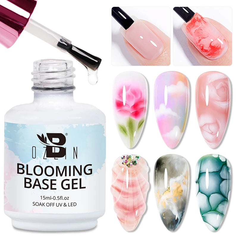 BOZLIN 15ml Clear Blooming Base Gel Polish UV LED Soak Off Nail Art Polish For Spreading Effect Marble Gel Paint Varnish Top