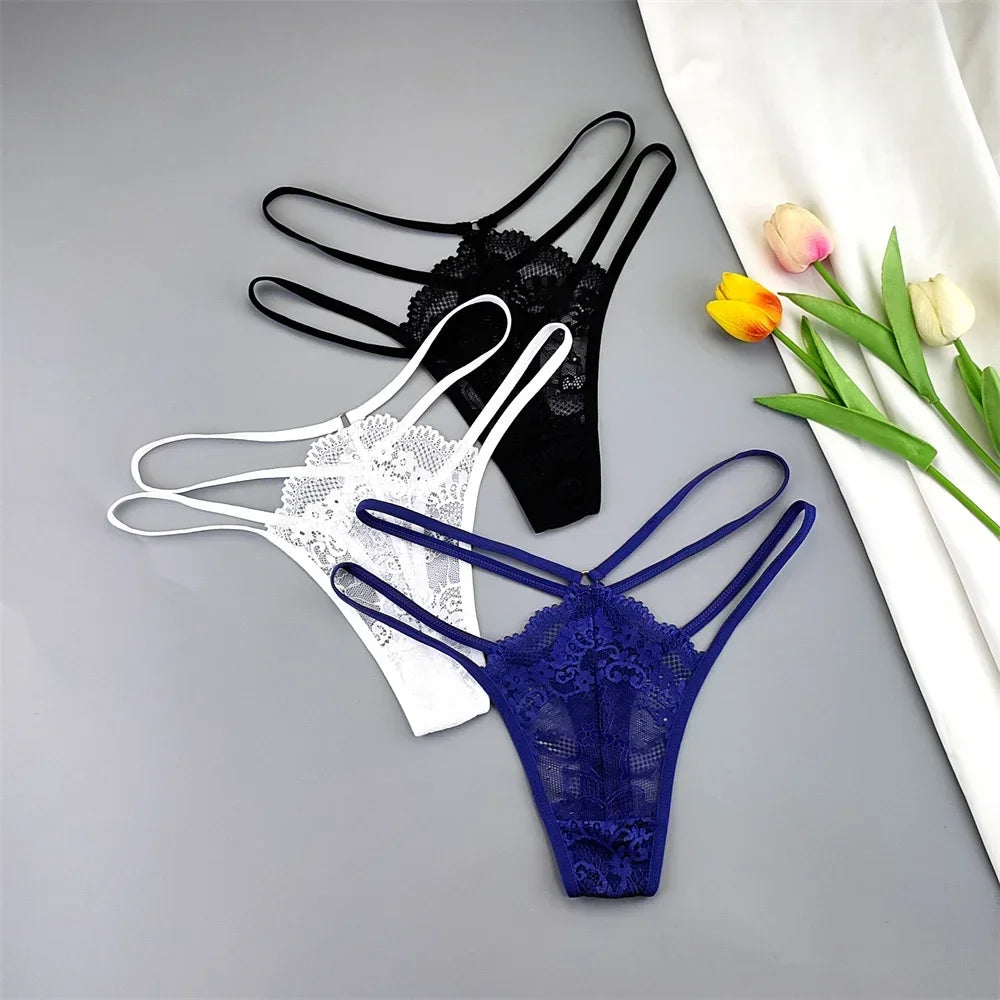 3 Pcs Lace Thin Strap Thong Women Low Waist Sexy Perspective Underwear Ladies Transparent G-string Panty Plus Size T-back