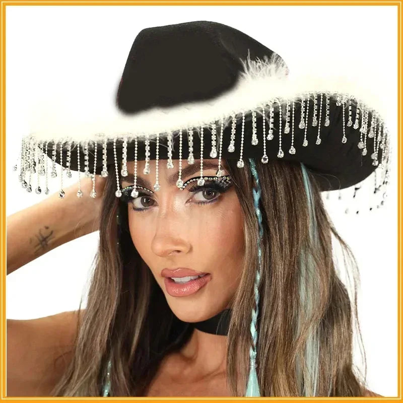 Rhinestone Fringe Western Cowboy Hat Tiara Cowgirl Hat Western Style Girl Wide Brim Felt Cowgirl Cap Costume Cosplay Party Hats