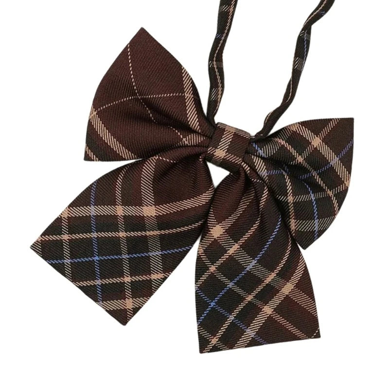 Polyester Silk Pre-Tied Neck Tie Vintage Brown Checkered Striped Necktie JK Girl School Student Uniform Bowknot Bowtie