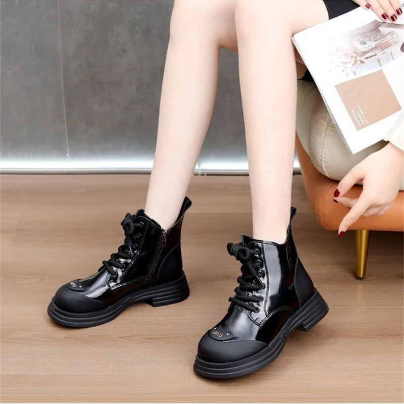 Ankle Boots Women New Winter Round Toe Lace-up Short Boots Women's Platform Heightening Designer Knight Boots Women Shoes