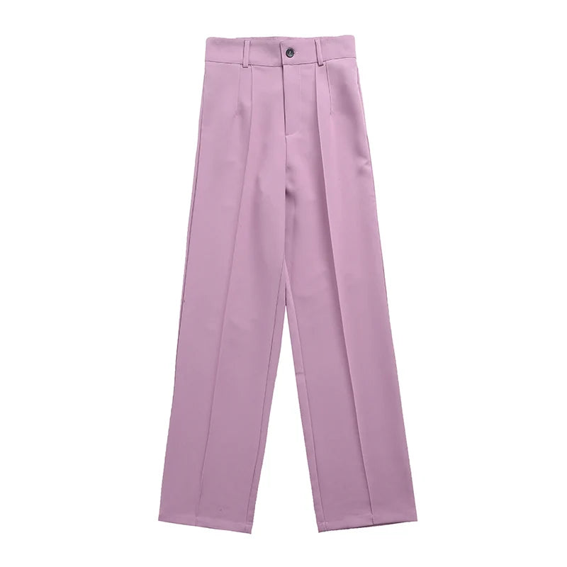 TRAF Women Chic Fashion Office Wear Straight Pants Vintage High Waist Zipper Fly Female Trousers Mujer