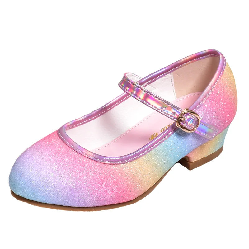 Girls' Leather Princess Shoes 2023 Children's Shoes Round-Toe Soft-Sole Girls High Heel Princess Crystal Party Dance Shoes