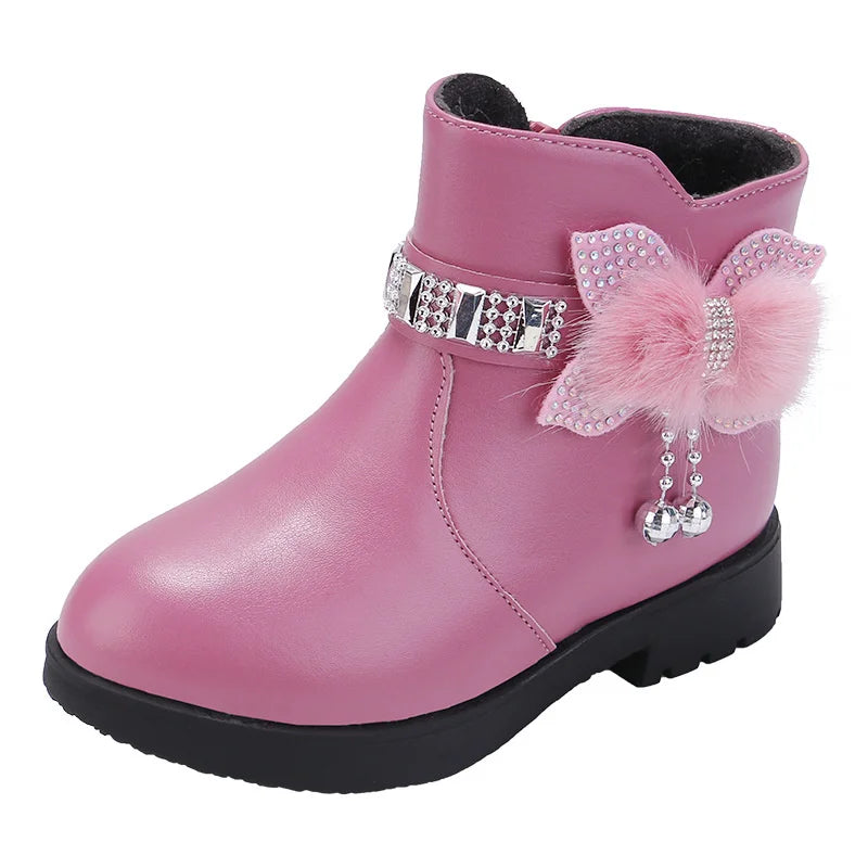 Winter New Children's Shoes Girl Mid Length Warm Leather Boots Baby Bow Cute  Plush Student  Cotton Boots