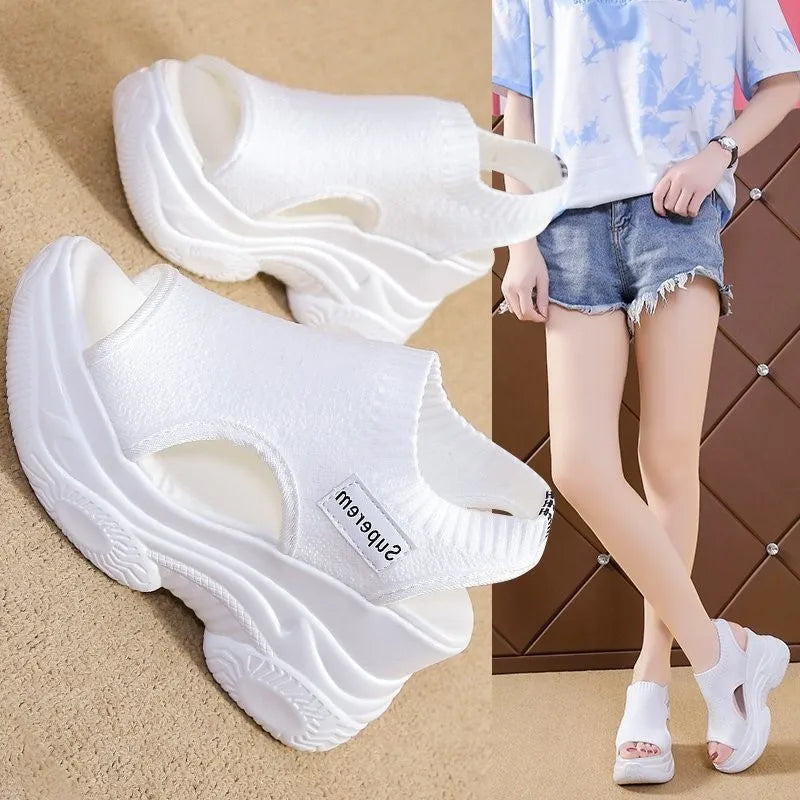 Women's Sandals 2022 Summer Wedge Heel Elastic Cloth Cover Foot Ladies Sandals Thick-soled Fashion Trifle Elevation Casual Shoes