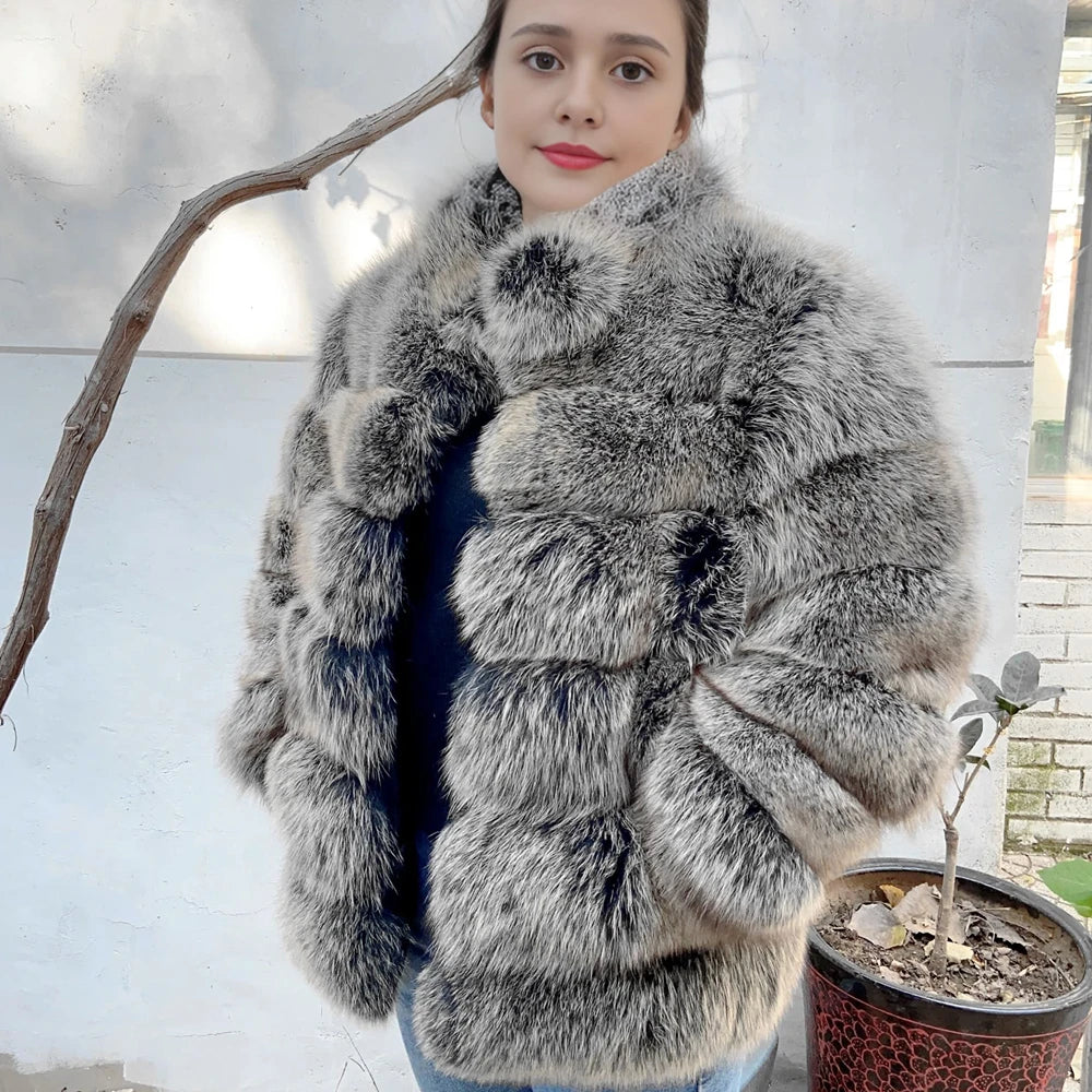 QUEENTINA Winter New Women's Cold Real Fox Fur Coat With Collar Especially Overcoat Leather Female Natural Plus Size 2023 Luxury