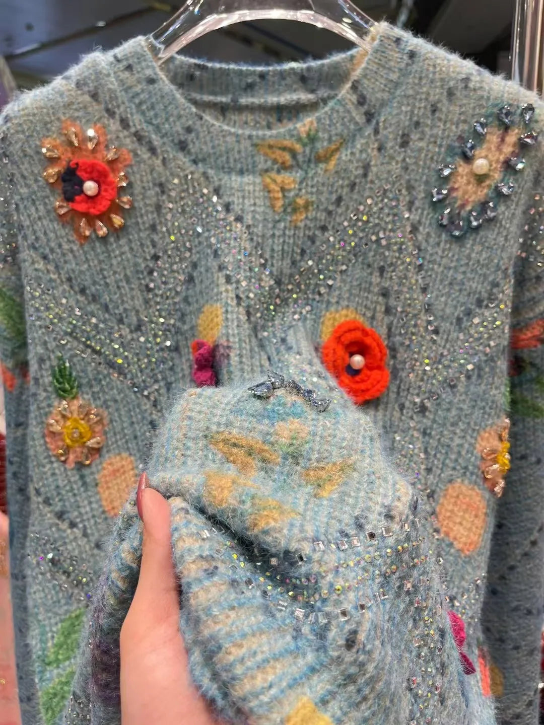 Luxury Style Blingbling Women's Sweater Autumn Winter Diamonds Embroidery Flowers Printed Outwears Knitted Pullovers Tops