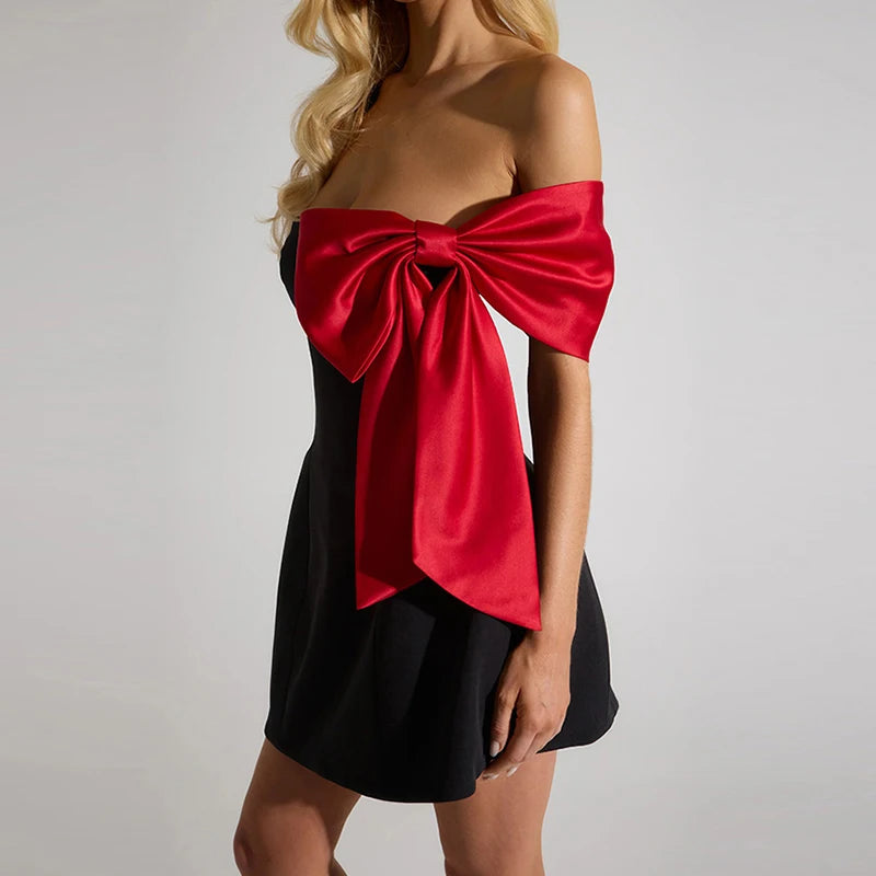 Elegant One Shoulder Strapless A-Line Dress Women Fashion Red Bow Patchwork Evening Dress Sexy Sleeveless Waist Slim Mini Dress