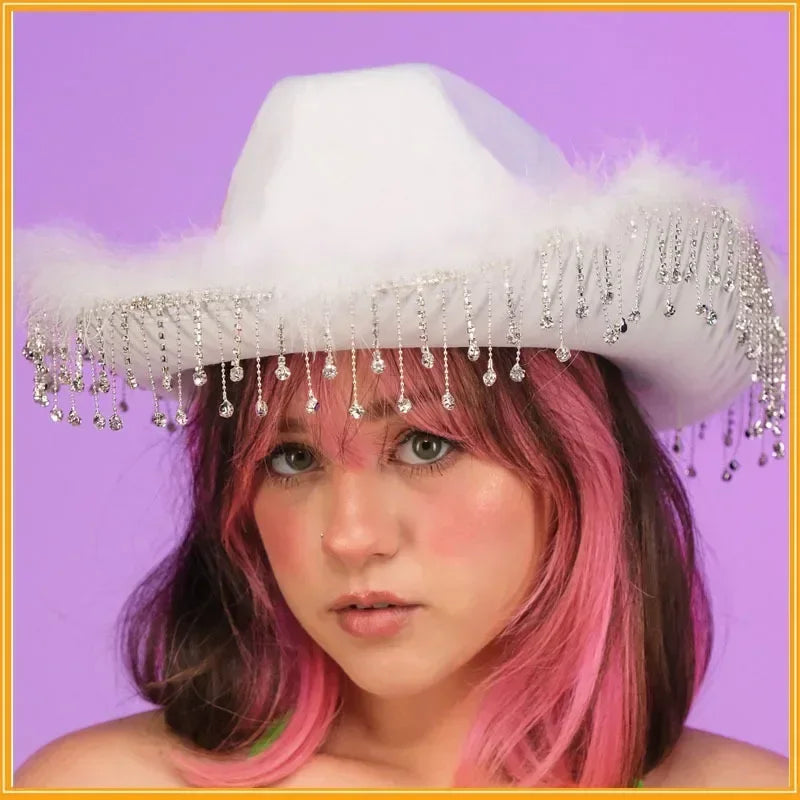 Rhinestone Fringe Western Cowboy Hat Tiara Cowgirl Hat Western Style Girl Wide Brim Felt Cowgirl Cap Costume Cosplay Party Hats