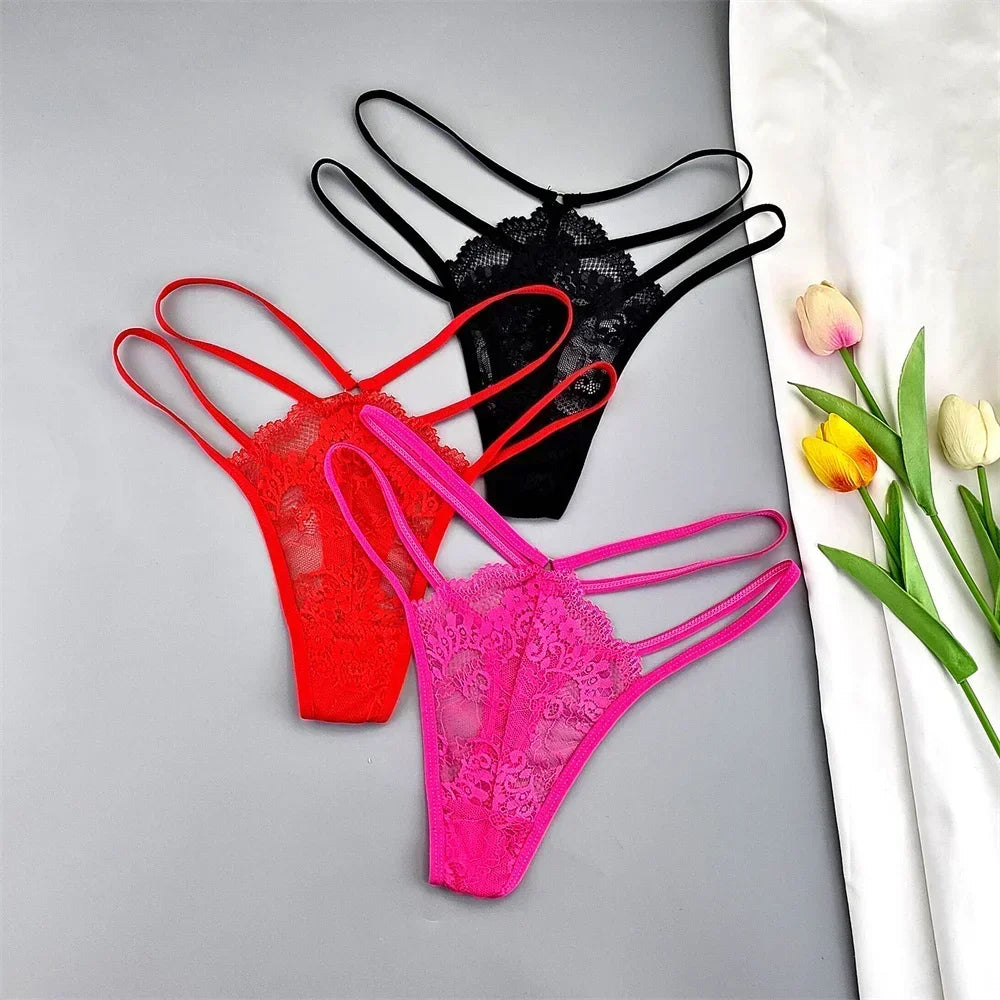 3 Pcs Lace Thin Strap Thong Women Low Waist Sexy Perspective Underwear Ladies Transparent G-string Panty Plus Size T-back