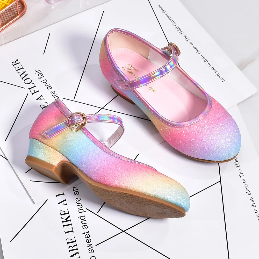 Girls' Leather Princess Shoes 2023 Children's Shoes Round-Toe Soft-Sole Girls High Heel Princess Crystal Party Dance Shoes