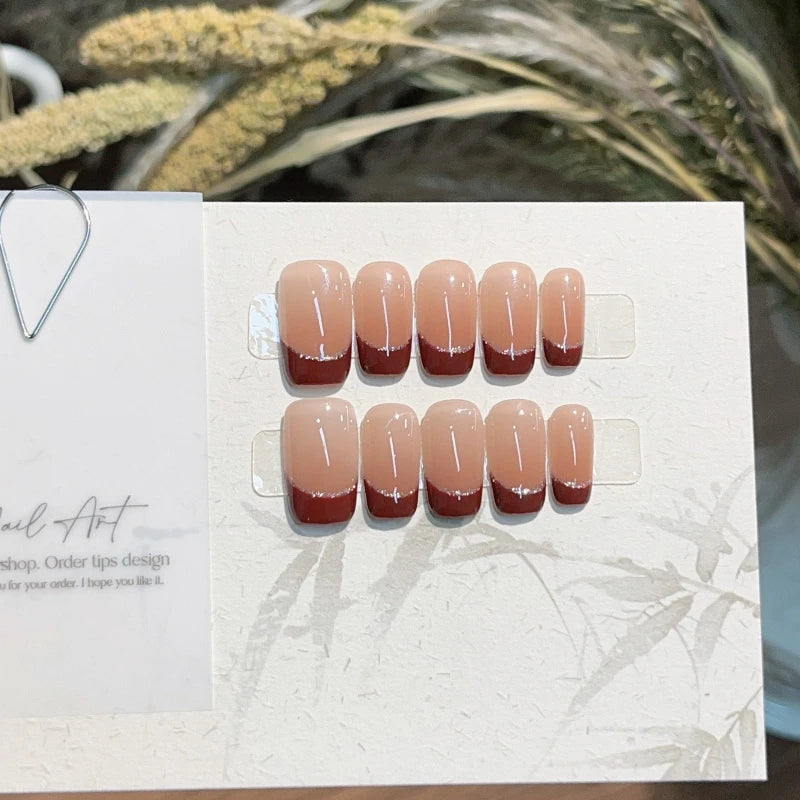 10Pcs Red French Glitter Silver Edge Medium Square Fake Nails Simple Classic Wearable Handmade Press on Nails Full Over Nail Tip