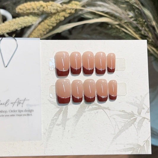 10Pcs Red French Glitter Silver Edge Medium Square Fake Nails Simple Classic Wearable Handmade Press on Nails Full Over Nail Tip