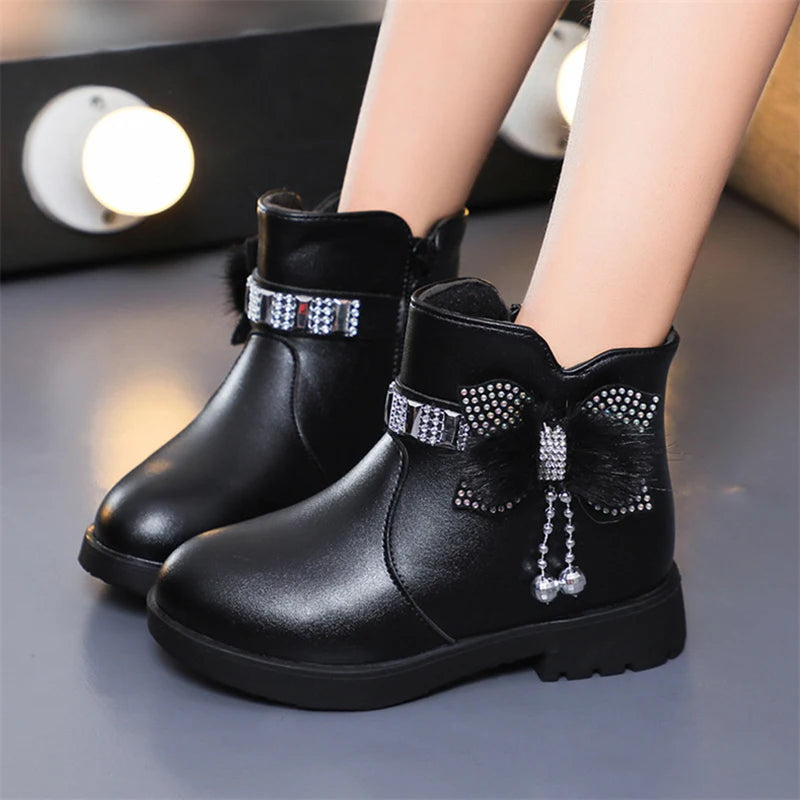 Winter New Children's Shoes Girl Mid Length Warm Leather Boots Baby Bow Cute  Plush Student  Cotton Boots