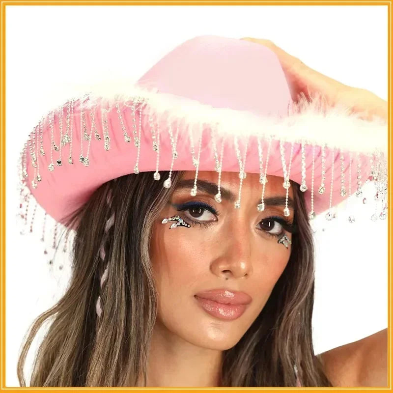 Rhinestone Fringe Western Cowboy Hat Tiara Cowgirl Hat Western Style Girl Wide Brim Felt Cowgirl Cap Costume Cosplay Party Hats