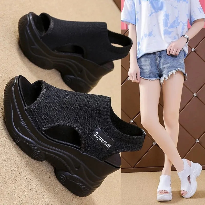Women's Sandals 2022 Summer Wedge Heel Elastic Cloth Cover Foot Ladies Sandals Thick-soled Fashion Trifle Elevation Casual Shoes