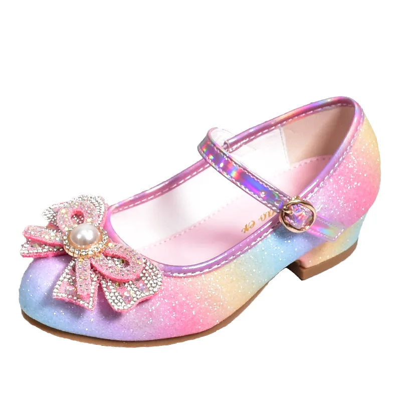 Girls' Leather Princess Shoes 2023 Children's Shoes Round-Toe Soft-Sole Girls High Heel Princess Crystal Party Dance Shoes