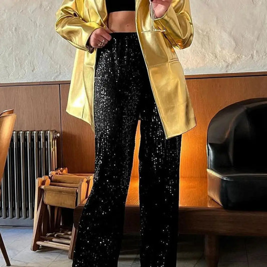 High-waisted Sequin Pants Sequin Embellished Wide Leg Pants for Women Mid-rise Elastic Waist Trousers with Shiny for Women
