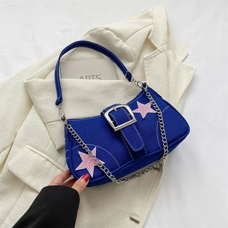Y2k Fashion Women's Handbags Stars Pattern Cool Girls Underarm Bag Fashion Canvas Female Small Shoulder Bags Chain Tote Purses