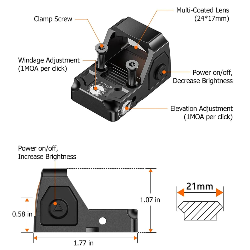 RMR Red Dot Sight Motion Awake 2 MOA Red Dot Scope Hunting Riflescope Optical Sight with Adapter Plate for MOS and 21mm Rail