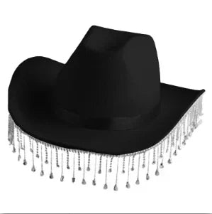 Rhinestone Fringe Western Cowboy Hat Tiara Cowgirl Hat Western Style Girl Wide Brim Felt Cowgirl Cap Costume Cosplay Party Hats