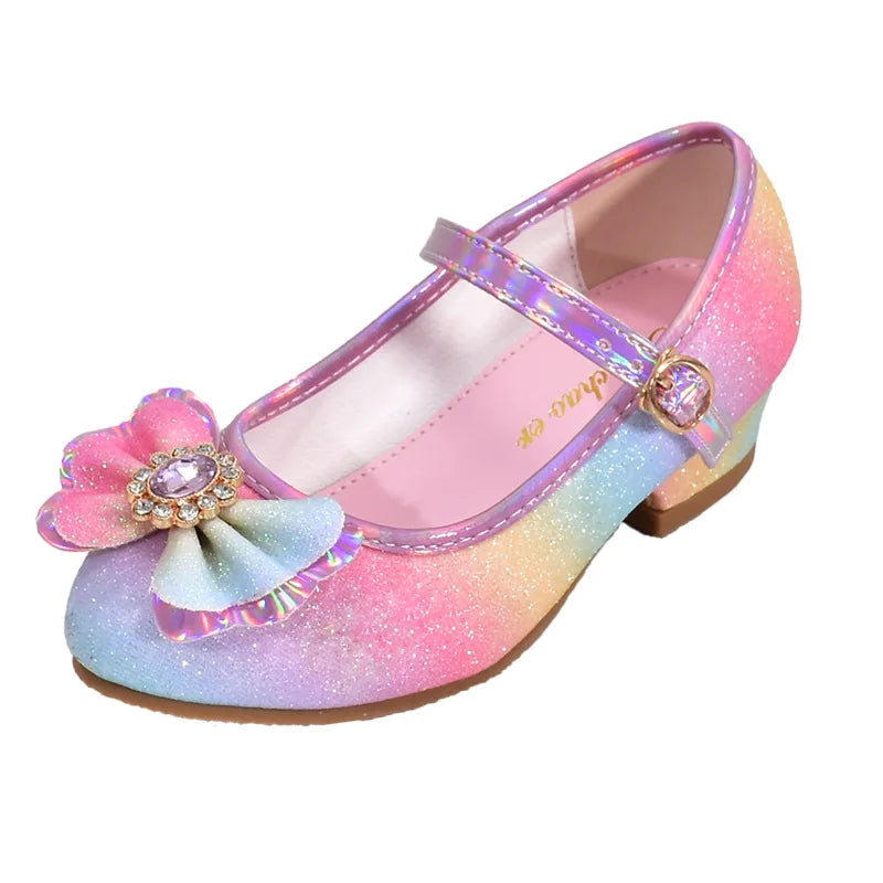 Girls' Leather Princess Shoes 2023 Children's Shoes Round-Toe Soft-Sole Girls High Heel Princess Crystal Party Dance Shoes