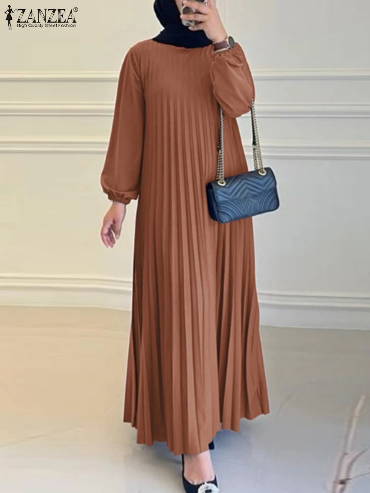 Women Autumn Maxi Dress Muslim Dubai Abaya Hijab Vestidos 2024 ZANZEA Fashion Long Sleeve Pleated Sundress Robe IsIamic Clothing
