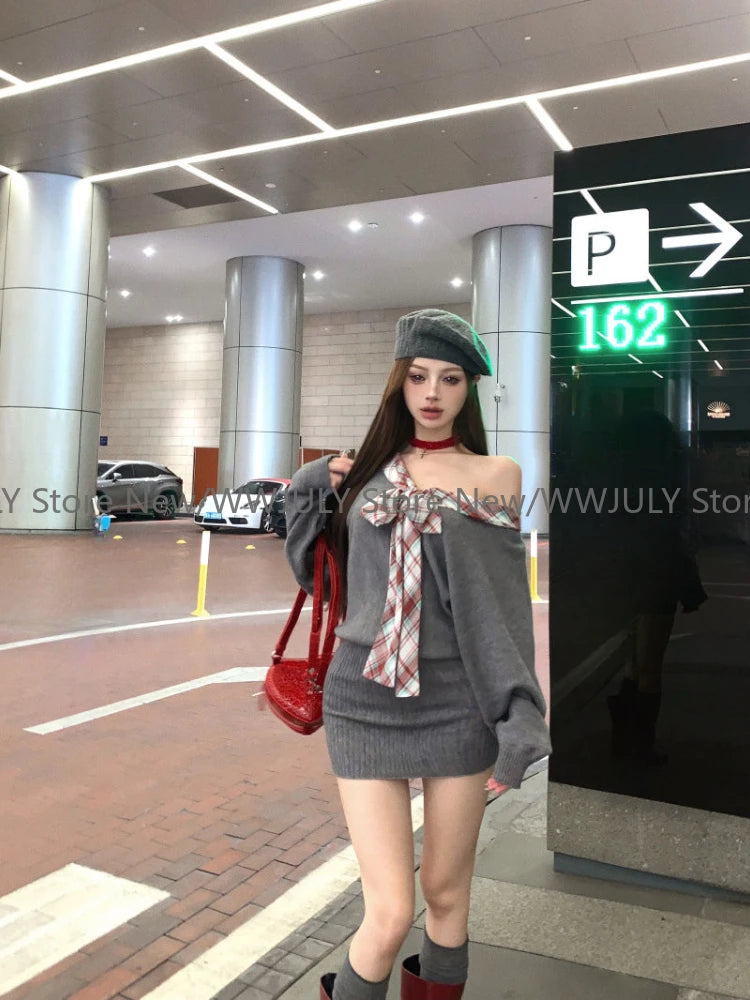 Autumn Winter Off Shoulder Elegant Knitted Dress Long Sleeve Plaid Sexy Dress Slim Bodycon Y2k Mini Dress Woman Korean Style
