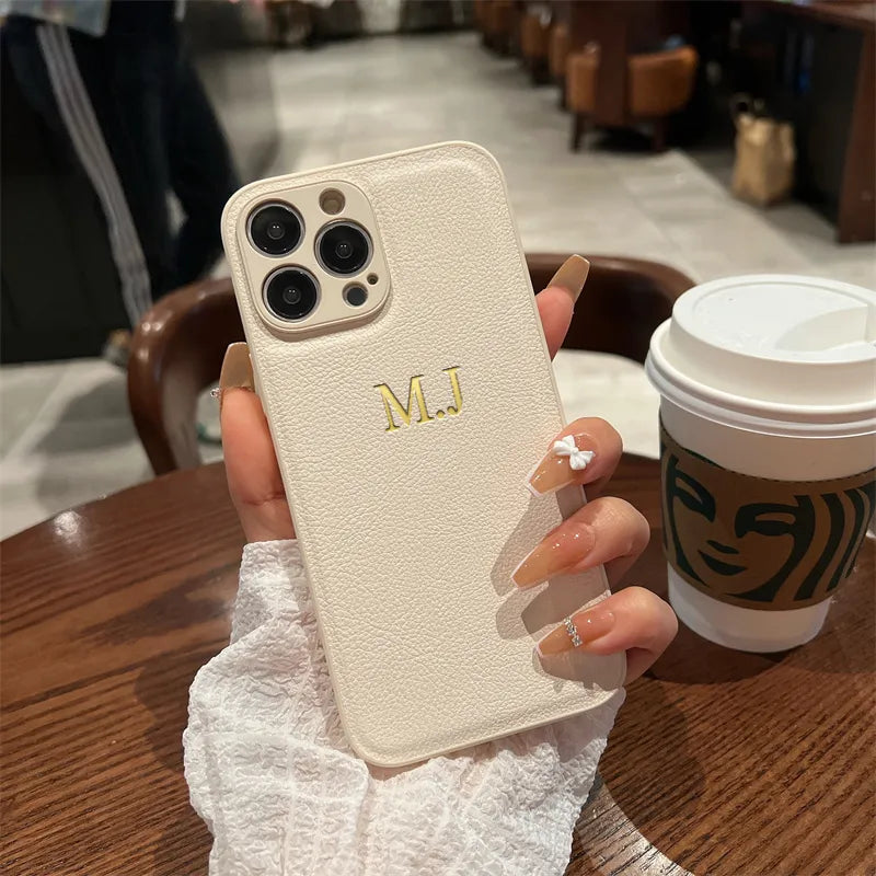Personalised Customized Name Case For iPhone 16 15 14 13 12 11 Pro Max Initials Letters Leather DIY Cover 13 14 15 16 Pro Max