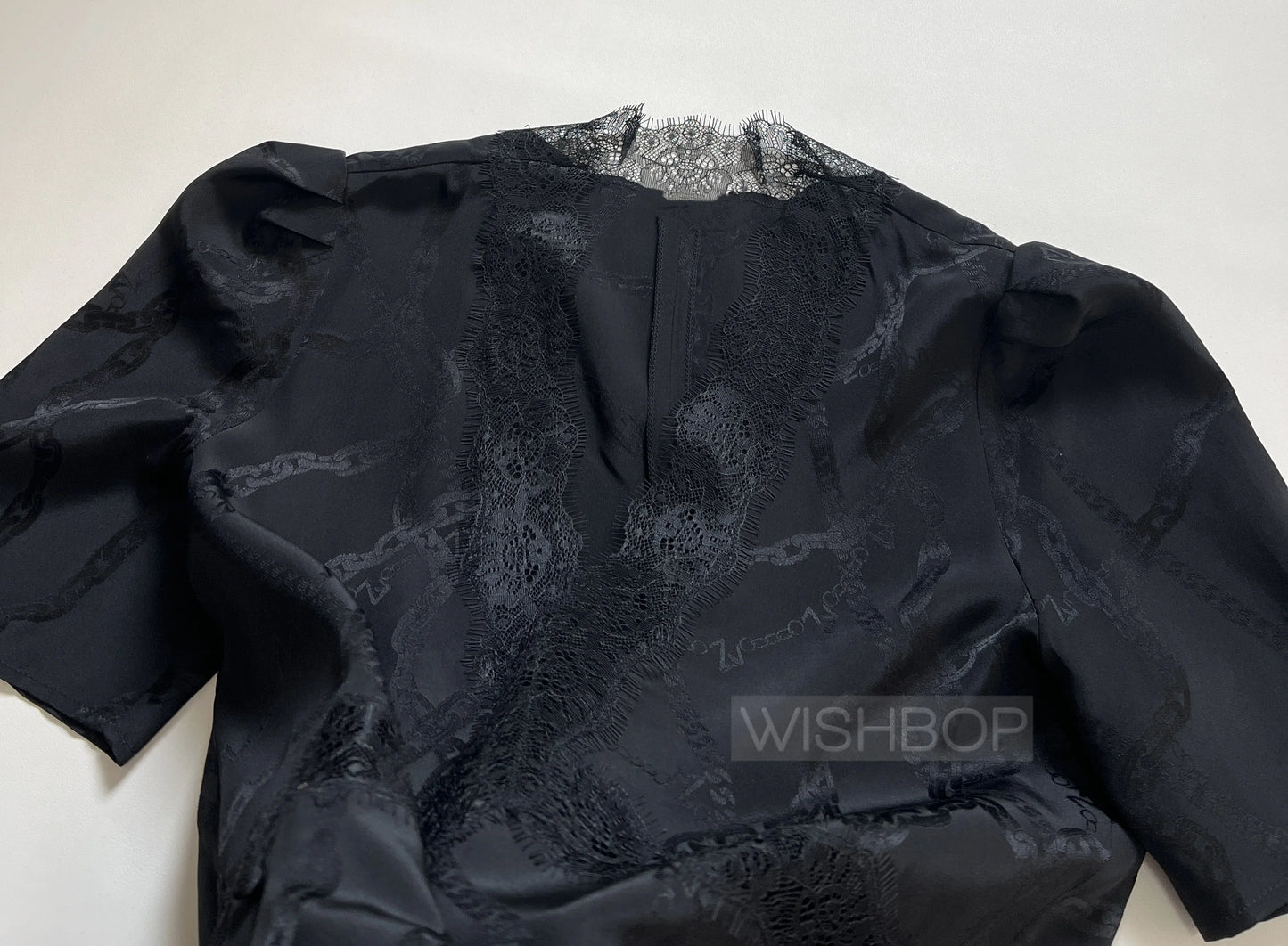 Woman Fashion Black Silk V-neck Lace Embroidered Patchwork Short Sleeved Midi Dress Chains Jacquard High Quality Dresses 2024