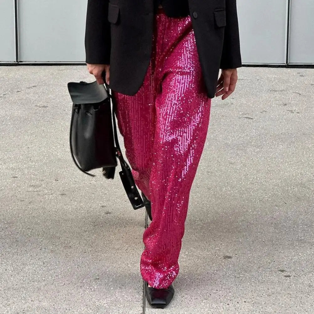 High-waisted Sequin Pants Sequin Embellished Wide Leg Pants for Women Mid-rise Elastic Waist Trousers with Shiny for Women